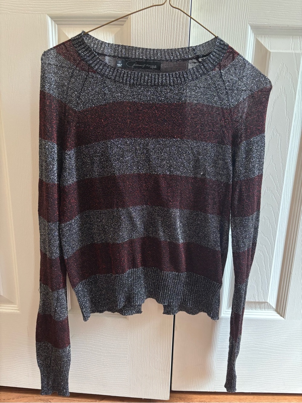 Joan Vass Striped Metallic Crewneck Sweater — Burgundy & Gray
